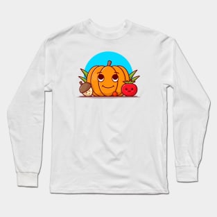 Happy Cute Pumpkin with Cute Acorn and Tomato Cartoon Vector Icon Illustration Long Sleeve T-Shirt